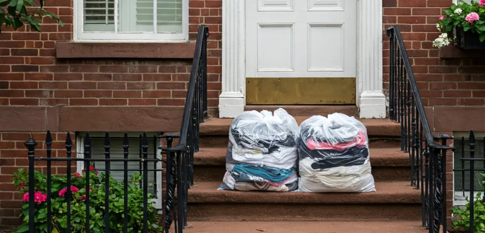 Laundry In Plastic Bags On Door Step Of Inner City Home 1920X650