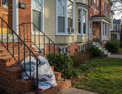 Dirty Laundry On Inner City Doorstep Waiting Outside For Pickup 1200X1200